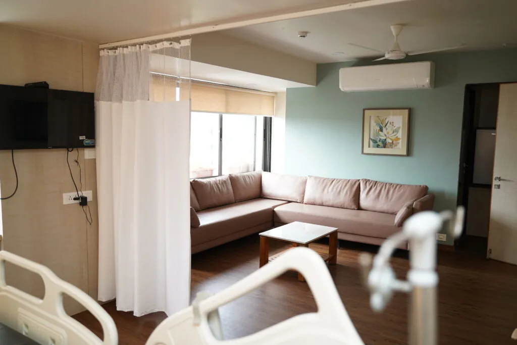 Reception and waiting area at Aryav Super Speciality Hospital, Ahmedabad